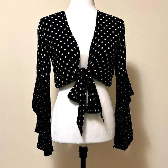Seven Wonders Black White Spots Crop Top w Tie Wide Bell Sleeves Shirt Blouse 6 - Picture 2 of 16